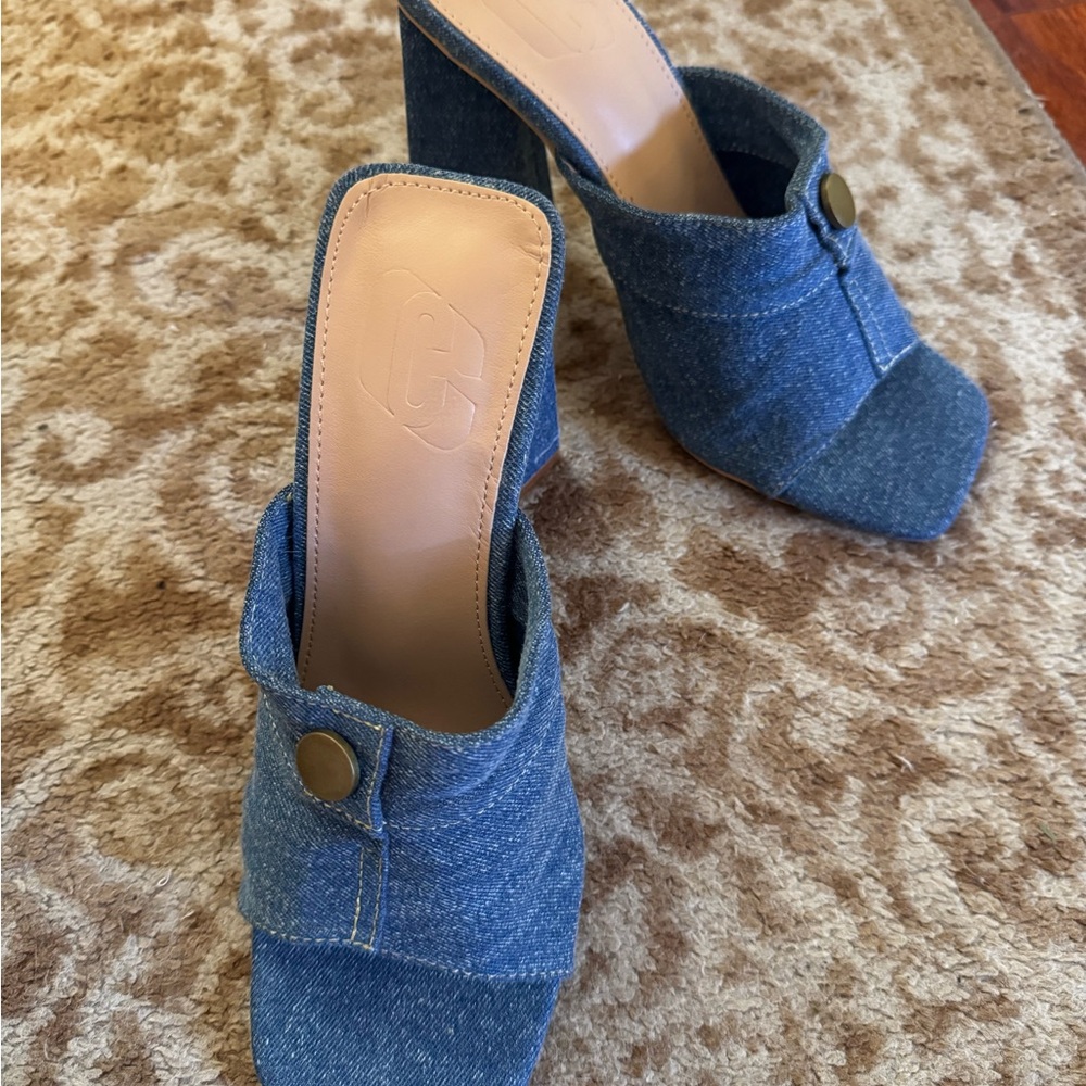 Denim Slide Mules with Block Heel - Blue - Picture 4 of 9